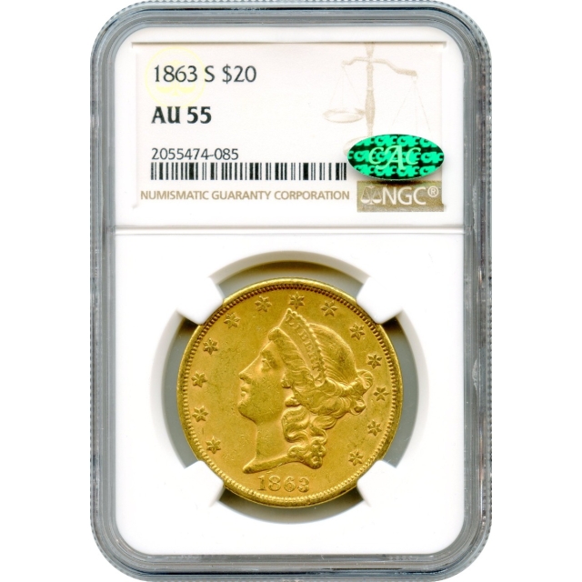 1863-S $20 Liberty Head Double Eagle NGC AU55 (CAC)
