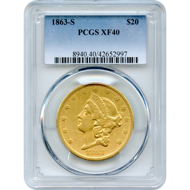 1863-S $20 Liberty Head Double Eagle PCGS XF40 - Civil War Era Gold!