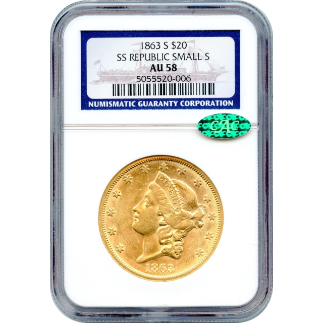 1863-S $20 Liberty Head Double Eagle, NGC AU58 (CAC) Ex.SS Republic