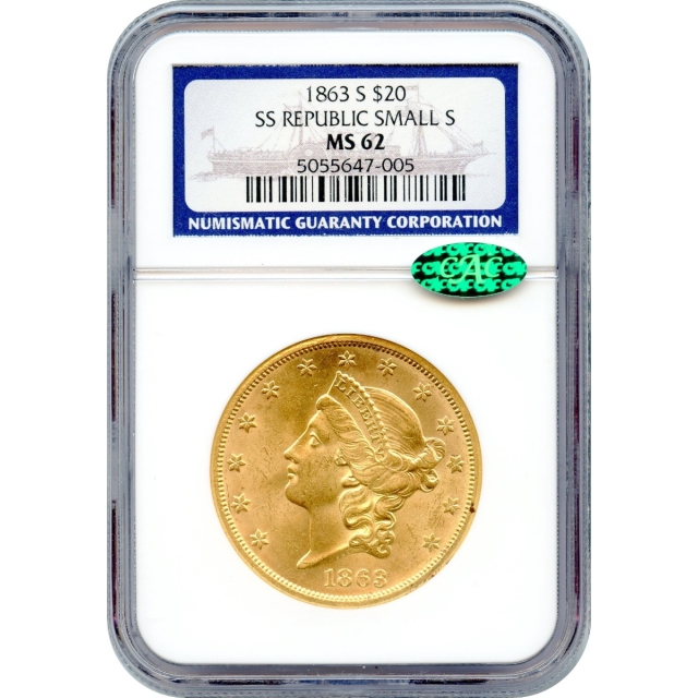 1863-S $20 Liberty Head Double Eagle MS62 (CAC) Ex. SS Republic 