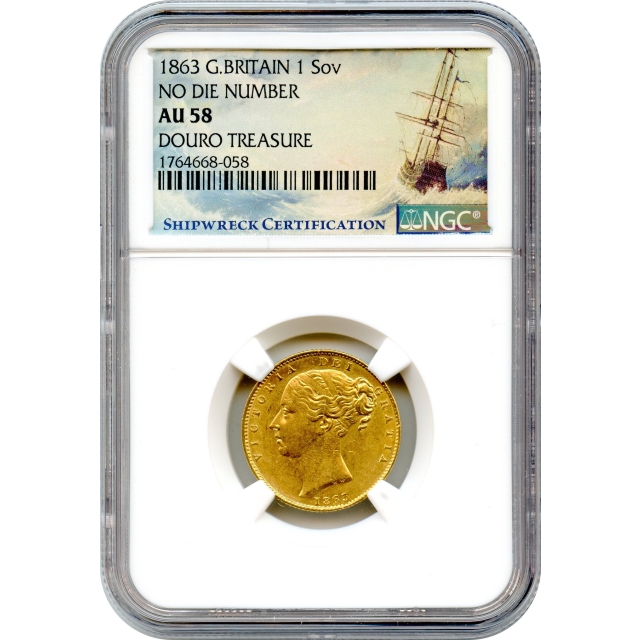 1863 Great Britain Gold Sovereign, No Die Number NGC AU58 Ex. RMS Douro