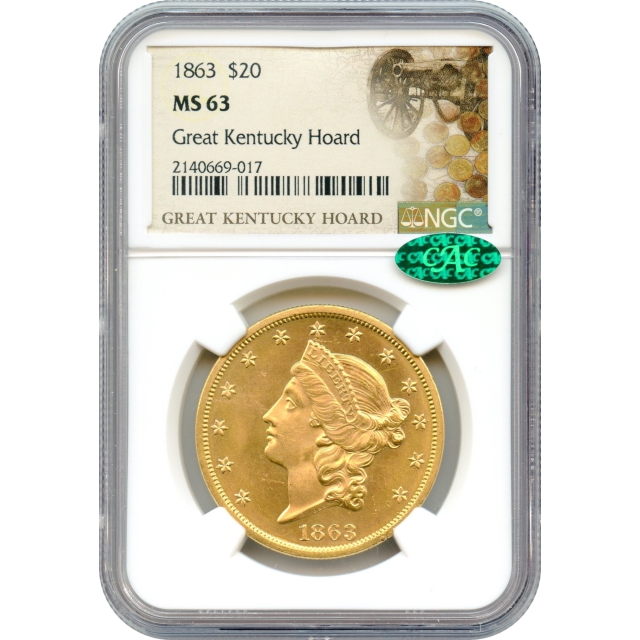 1863 $20 Liberty Head Double Eagle NGC MS63 (CAC) Ex. Great Kentucky Hoard (PQ-!)