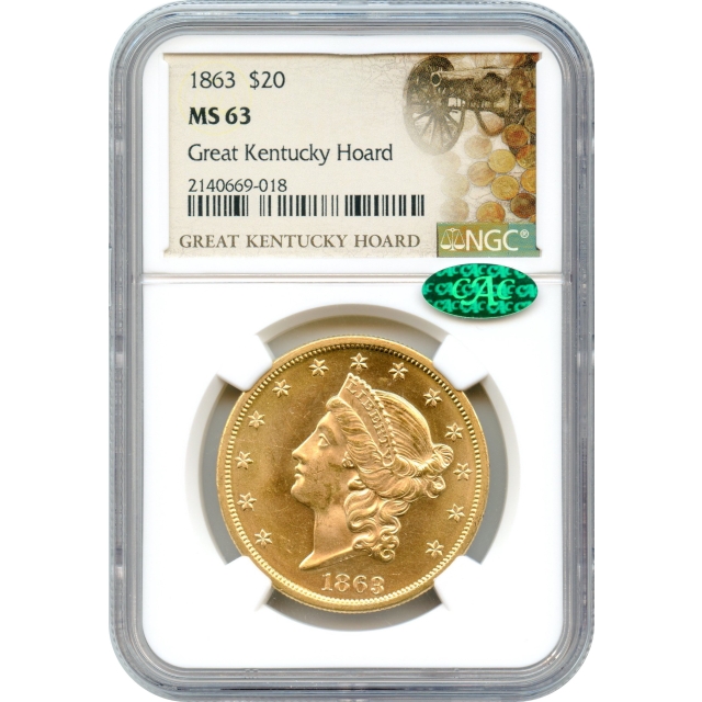 1863 $20 Liberty Head Double Eagle NGC MS63 (CAC) Ex. Great Kentucky Hoard 