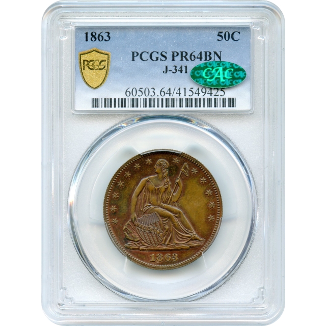 1863 50C Liberty Seated Half Dollar Pattern, J-341 PCGS PR64BN (CAC)