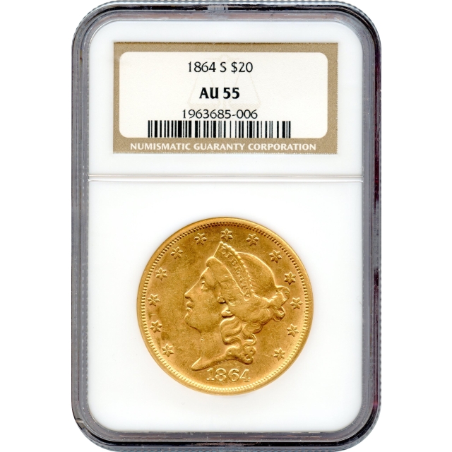 1864-S $20 Liberty Head Double Eagle NGC AU55 - Civil War Era Gold!