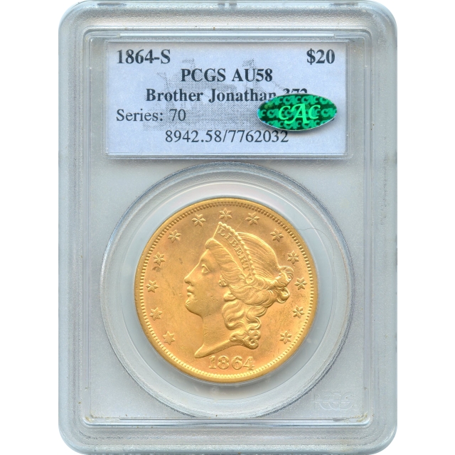 1864-S $20 Liberty Head Double Eagle PCGS AU58 (CAC) Ex.SS Brother Jonathan