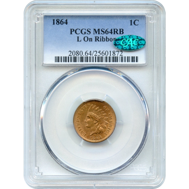 1864 1C Indian Head Cent, L On Ribbon PCGS MS64RB (CAC)