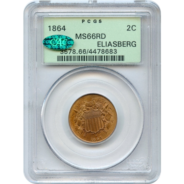 1864 2C Two Cent Piece, Large Motto PCGS MS66RD (CAC) Ex.Eliasberg