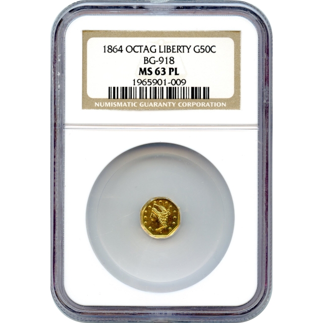 BG- 918, 1864 California Fractional Gold 50C, Liberty Octagonal NGC MS63PL R4