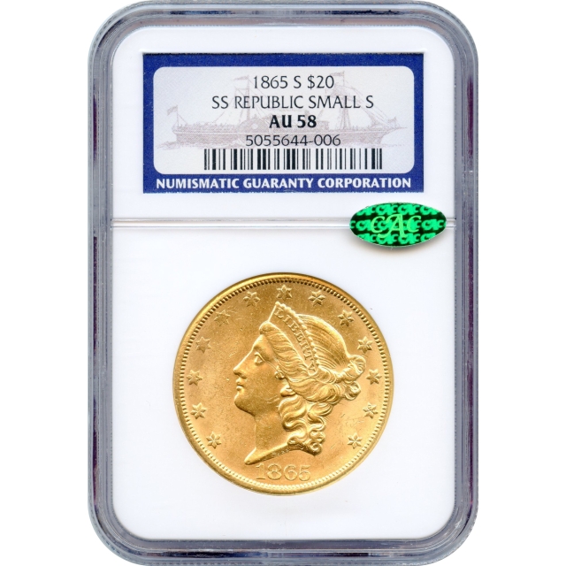 1865-S $20 Liberty Head Double Eagle NGC AU58 (CAC)  Ex. SS  Republic