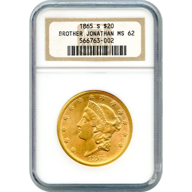 1865-S $20 Liberty Head Double Eagle NGC MS62 Ex. SS Brother Jonathan