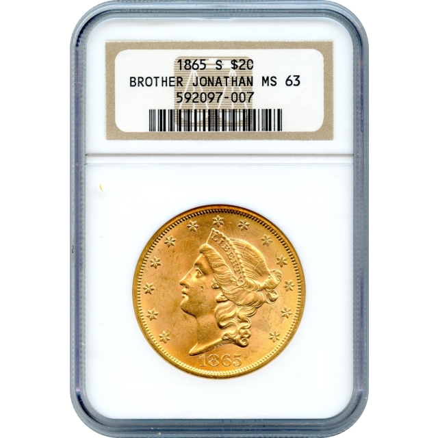 1865-S $20 Liberty Head Double Eagle NGC MS63 Ex. SS Brother Jonathan - Civil War Era Gold!