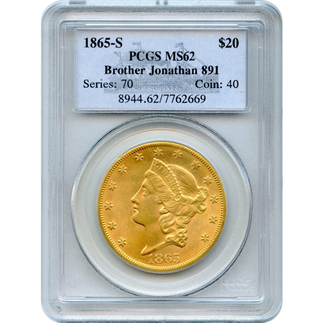 1865-S $20 Liberty Head Double Eagle PCGS MS62 Ex. SS Brother Jonathan