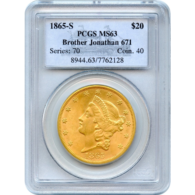 1865-S $20 Liberty Head Double Eagle PCGS MS63 Ex.SS Brother Jonathan