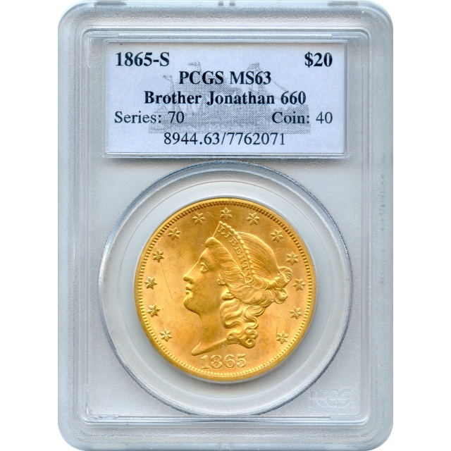 1865-S $20 Liberty Head Double Eagle PCGS MS63 Ex.SS Brother Jonathan