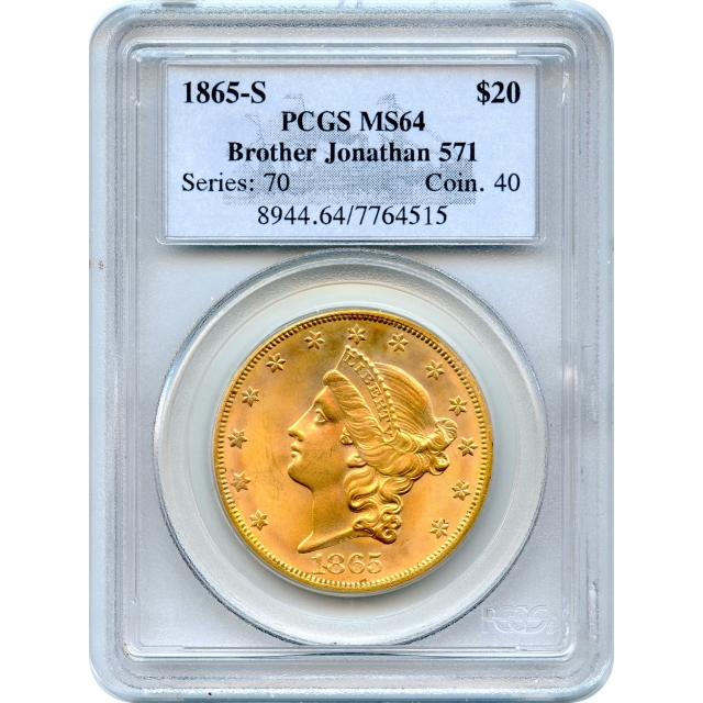 1865-S $20 Liberty Head Double Eagle PCGS MS64 Ex.SS Brother Jonathan