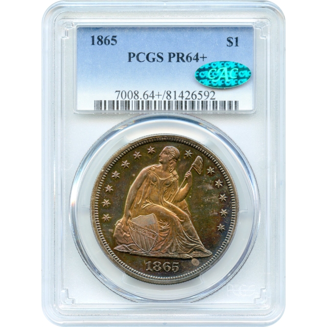 1865 $1 Liberty Seated Silver Dollar PCGS PR64+ (CAC) - Stunning Iridescent Toning!