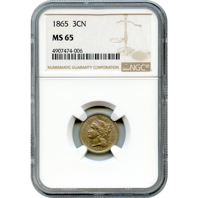 1865 3CN Three Cent Copper Nickel NGC MS65
