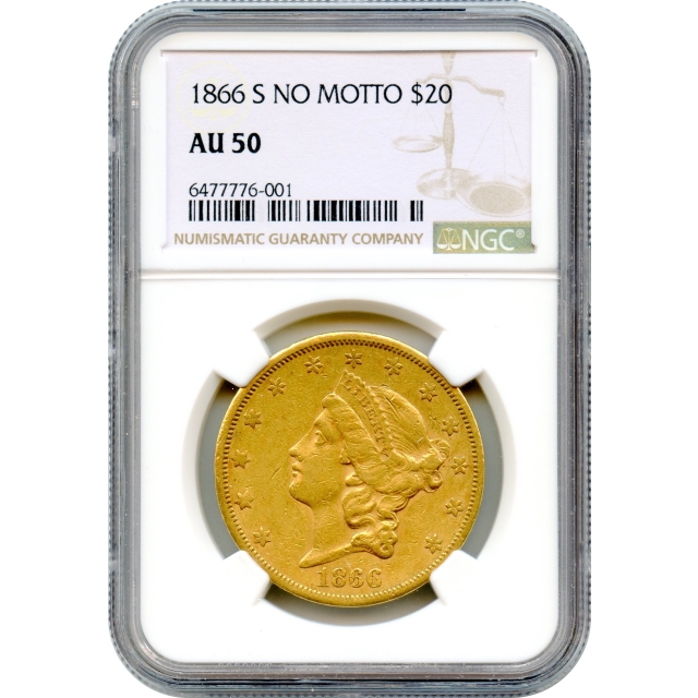 1866-S $20 Liberty Head Double Eagle, No Motto NGC AU50