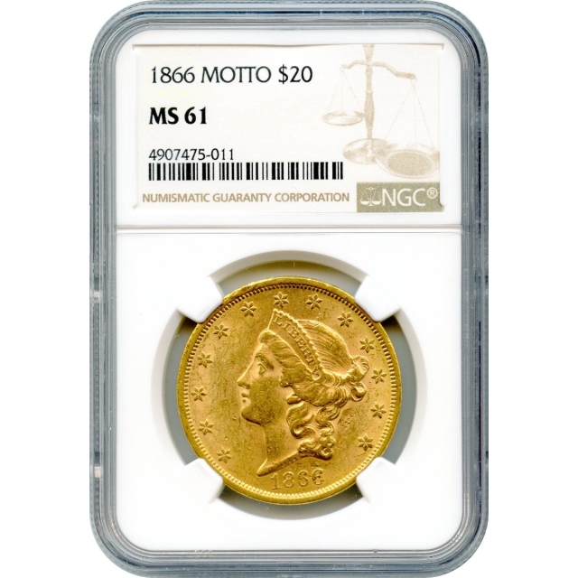 1866 $20 Liberty Head Double Eagle, with Motto NGC MS61