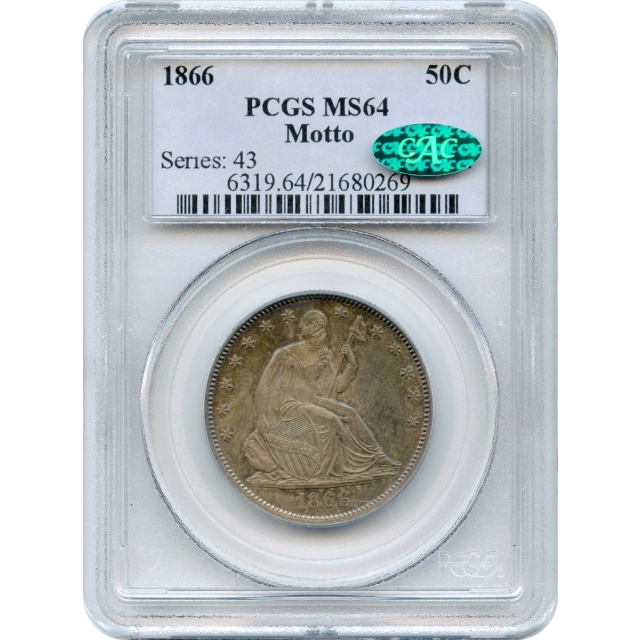 1866 50C Liberty Seated Half Dollar, with Motto PCGS MS64 (CAC)