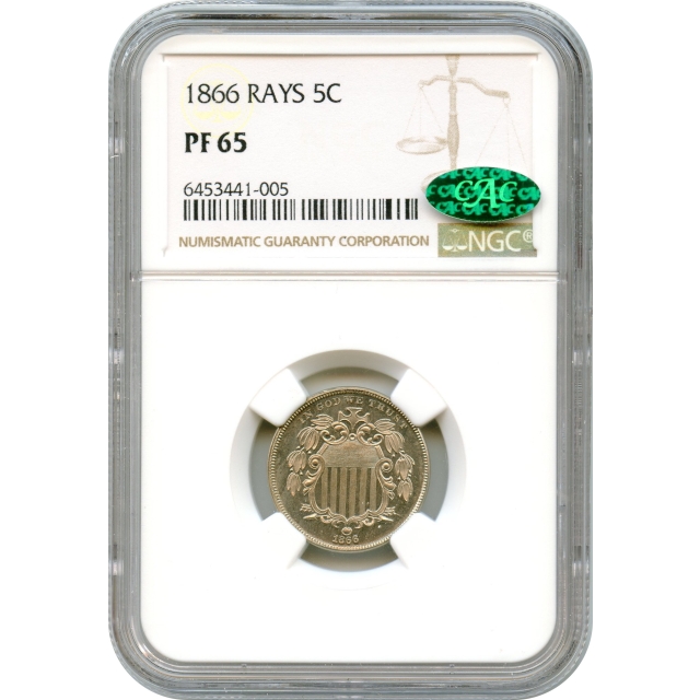 1866 5C Shield Nickel, with Rays NGC PR65 (CAC)