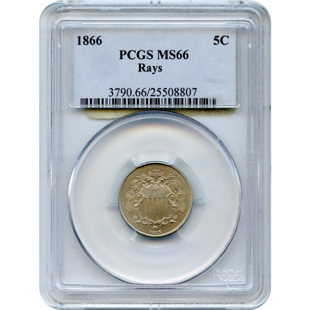 1866 5C Shield Nickel With Rays PCGS MS66