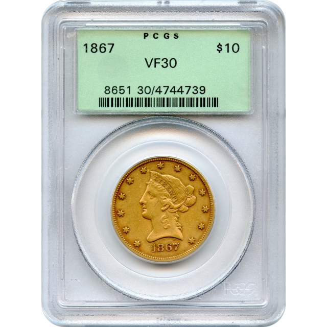 1867 $10 Liberty Head Eagle PCGS VF30 - mintage 3,090-!