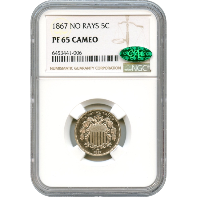 1867 5C Shield Nickel, No Rays NGC PR65CAM (CAC)