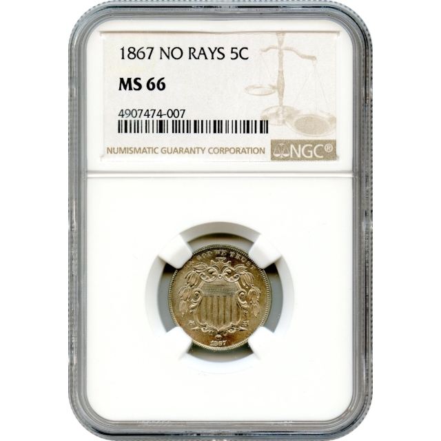 1867 5C Shield Nickel, No Rays NGC MS66