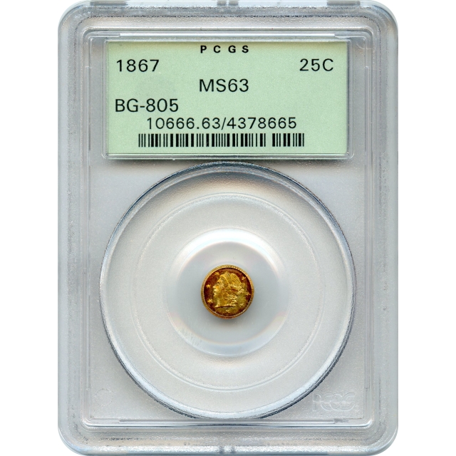 BG- 805, 1867 California Fractional Gold 25C, Liberty Round PCGS MS63 R5-