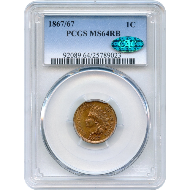1867/67 1C Indian Head Cent PCGS MS64RB (CAC)