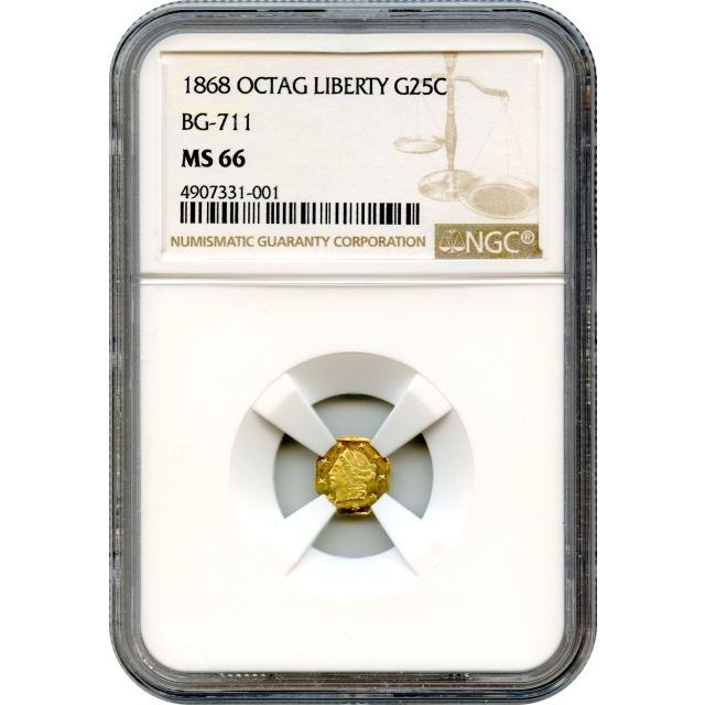 BG- 711, 1868 California Fractional Gold 25C, Liberty Octagonal NGC MS66 R4