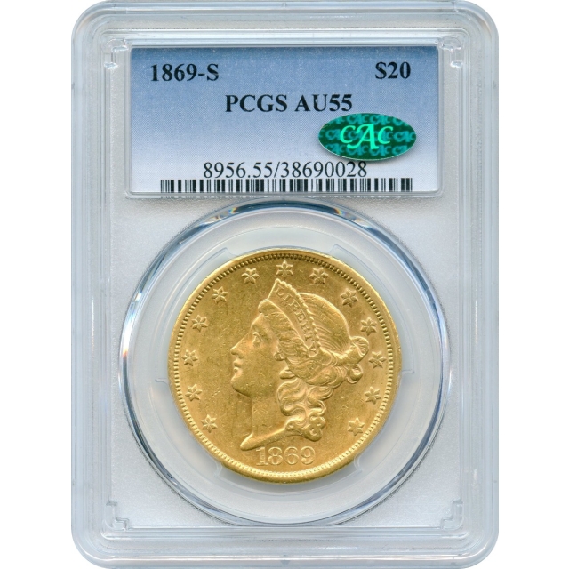 1869-S $20 Liberty Head Double Eagle PCGS AU55 (CAC)
