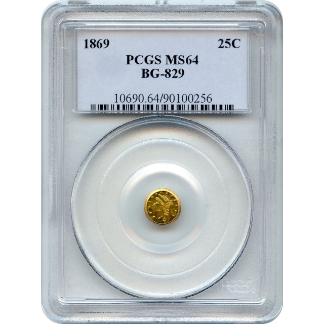 BG- 829, 1869 California Fractional Gold 25C, Liberty Round PCGS MS64 R5-