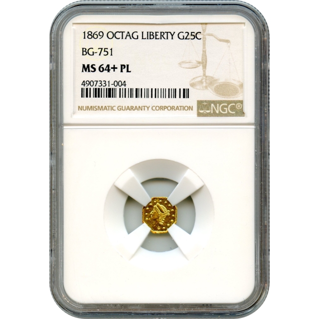 BG- 751, 1869 California Fractional Gold 25C, Liberty Octagonal NGC MS64+PL R4+ (Finest PL!)
