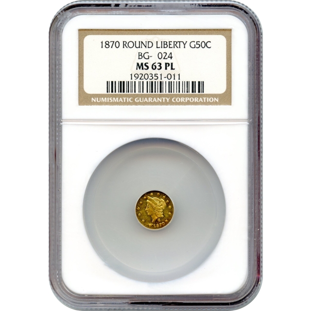 BG-1024, 1870 California Fractional Gold 50C, Liberty Round NGC MS63PL R4-