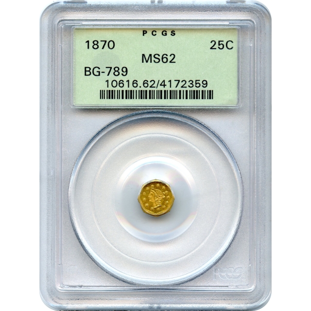 BG- 789, 1870 California Fractional Gold 25C, Liberty Octagonal PCGS MS62