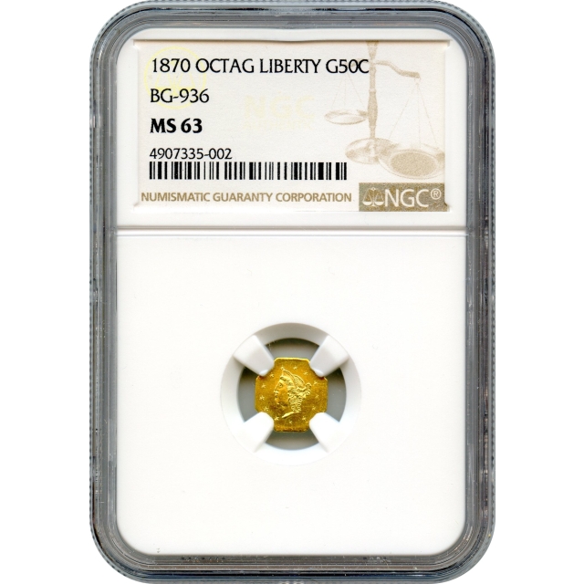 BG- 936, 1870 California Fractional Gold 50C, Liberty Octagonal NGC MS63 R5-