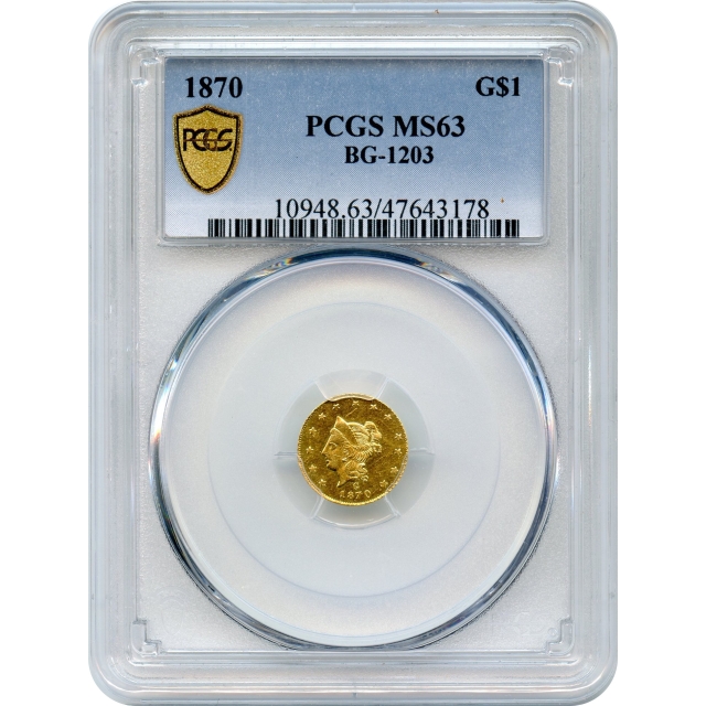 BG-1203, 1870 California Fractional Gold $1, Liberty Round PCGS MS63