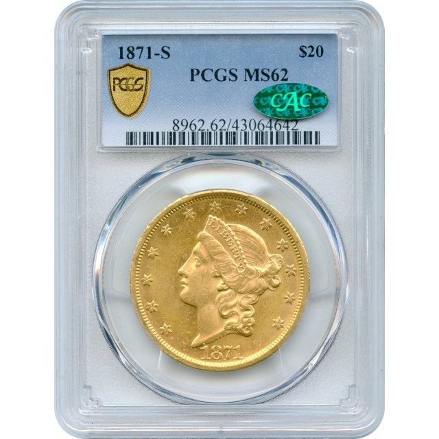 1871-S $20 Liberty Head Double Eagle PCGS MS62 (CAC)