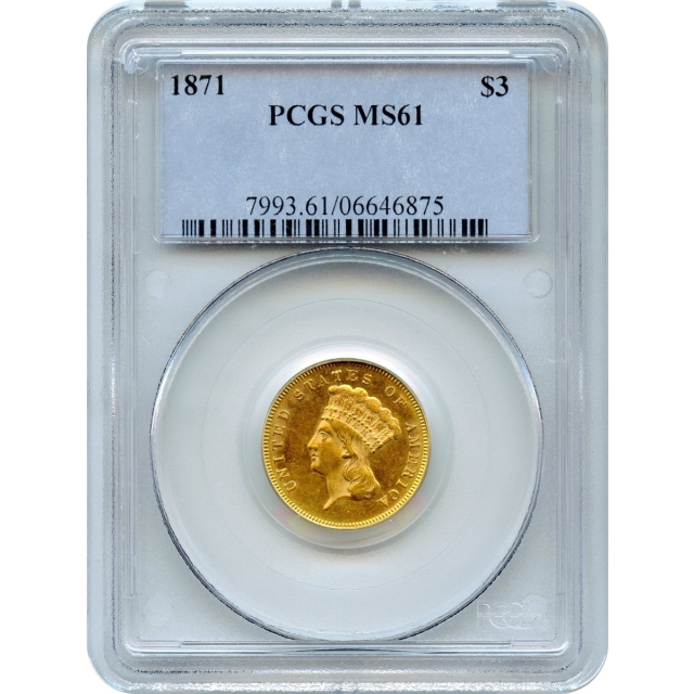 1871 $3 Indian Princess Three Dollar PCGS MS61