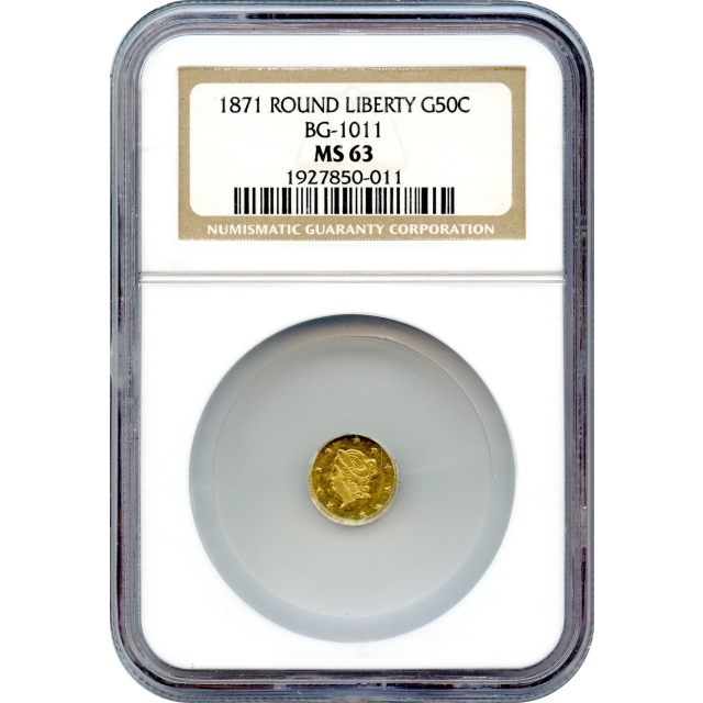 BG-1011, 1871 California Fractional Gold 50C, Liberty Round NGC MS63 R2