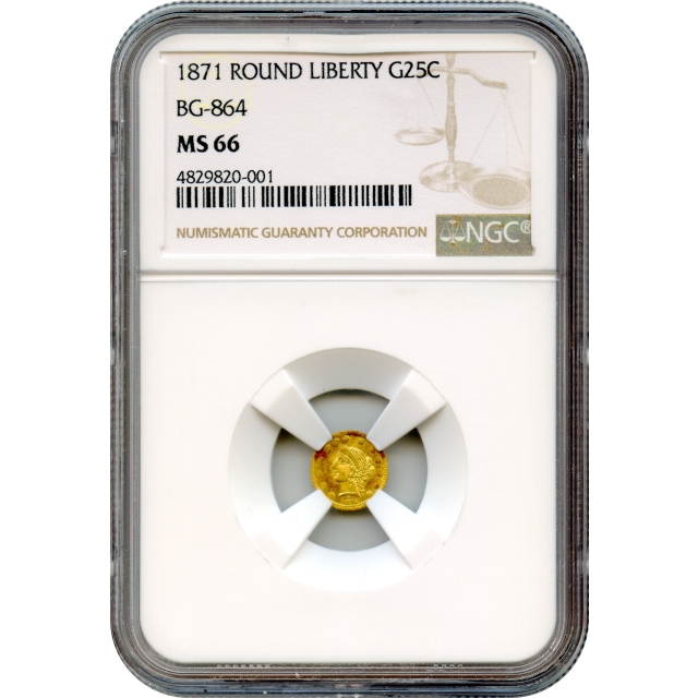 BG- 864, 1871 California Fractional Gold 25C, Liberty Round NGC MS66 R5 initial "H"
