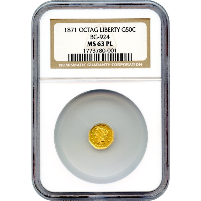 BG- 924, 1871 California Fractional Gold 50C, Liberty Octagonal NGC MS63PL R3