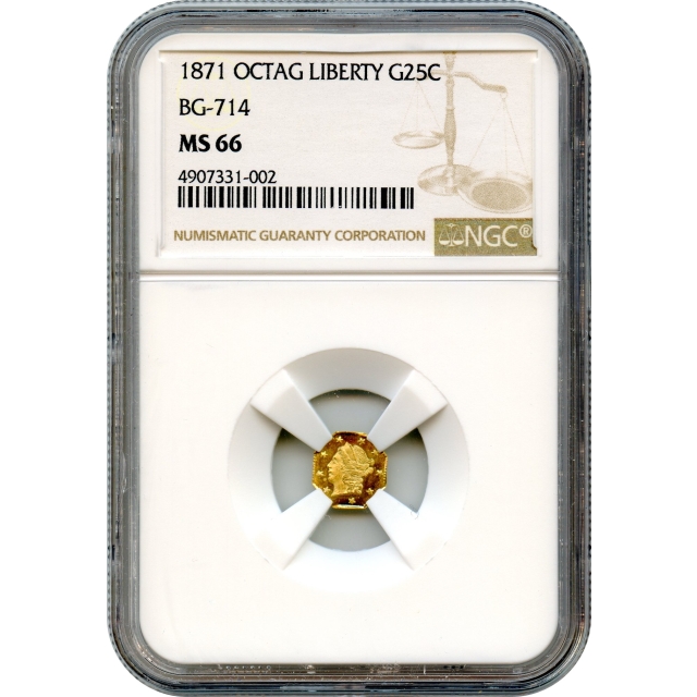 BG- 714, 1871 California Fractional Gold 25C, Liberty Octagonal NGC MS66 R3