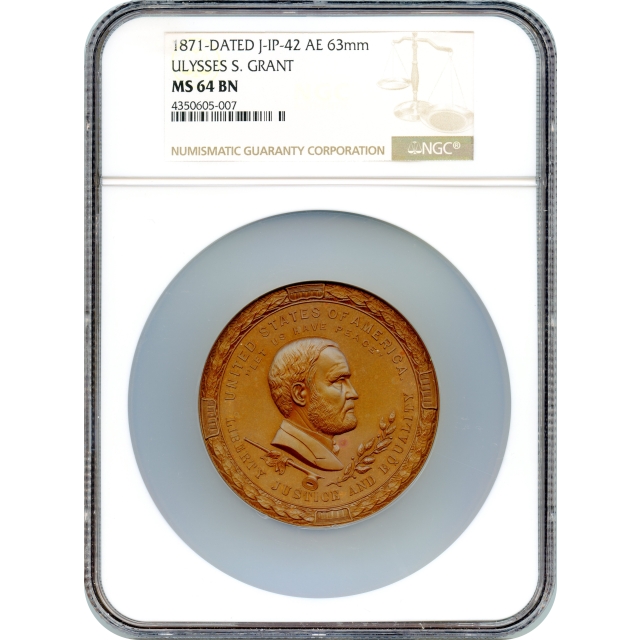 Indian Peace Medal - 1871 Ulysses S. Grant,  J-IP-42 AE 63mm NGC MS64