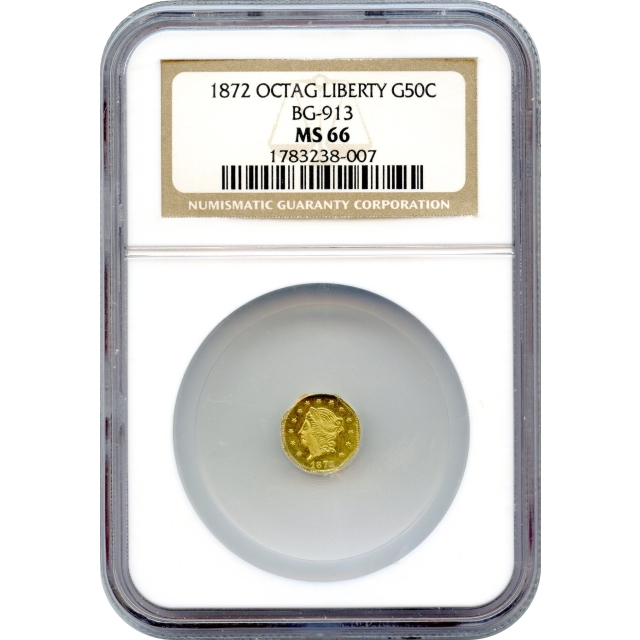 BG- 913, 1872 California Fractional Gold 50C, Liberty Octagonal NGC MS66