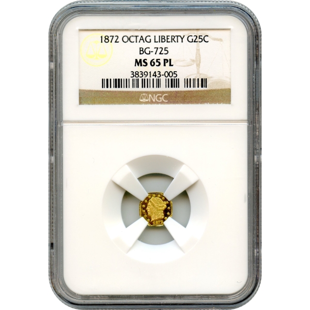 BG- 725, 1872 California Fractional Gold 25C, Liberty Octagonal NGC MS65PL R3