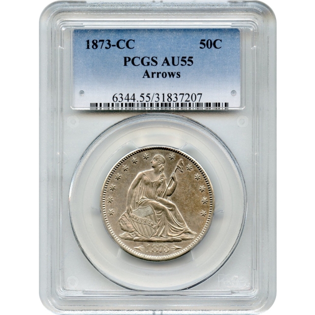 1873-CC 50C Liberty Seated Half Dollar, Arrows PCGS AU55